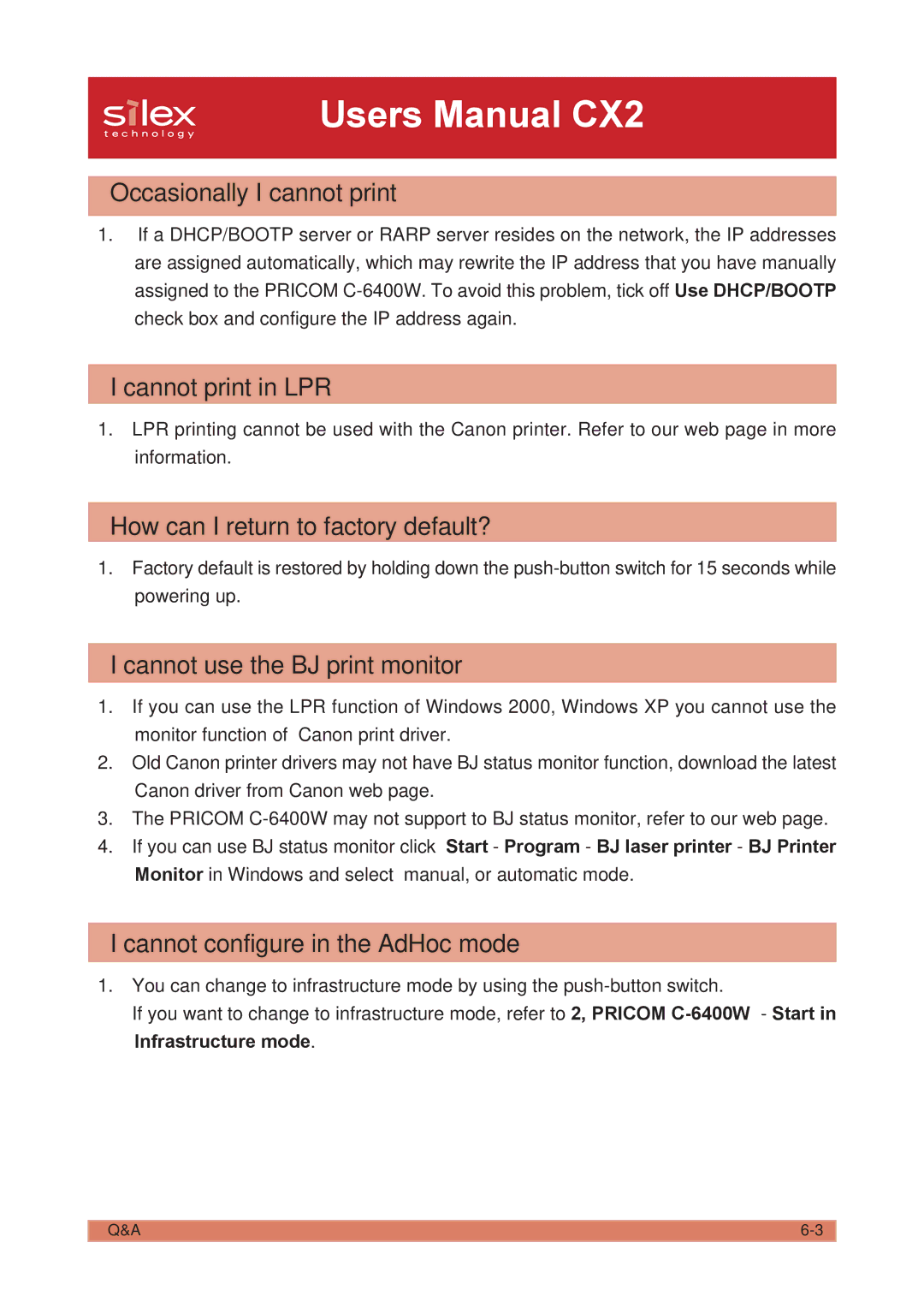 Silex technology PRICOM C-6400W Occasionally I cannot print, Cannot print in LPR, How can I return to factory default? 