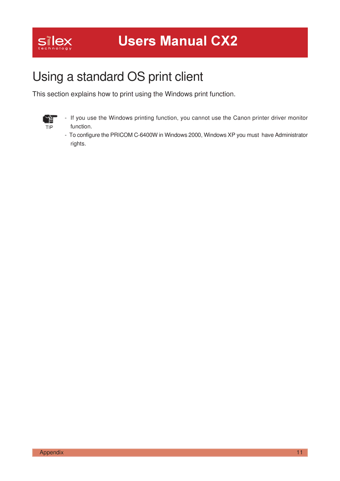 Silex technology PRICOM C-6400W manual Using a standard OS print client 