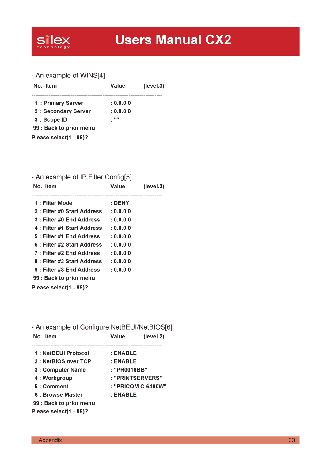 Silex technology PRICOM C-6400W manual An example of WINS4, An example of IP Filter Config5 