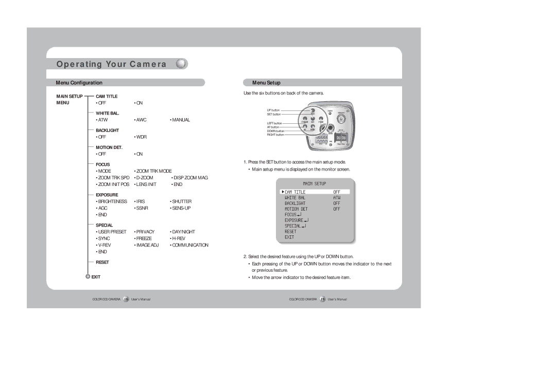 Silex technology SDZ-330 instruction manual Operating Your Camera, Menu Configuration Menu Setup, Or previous feature 