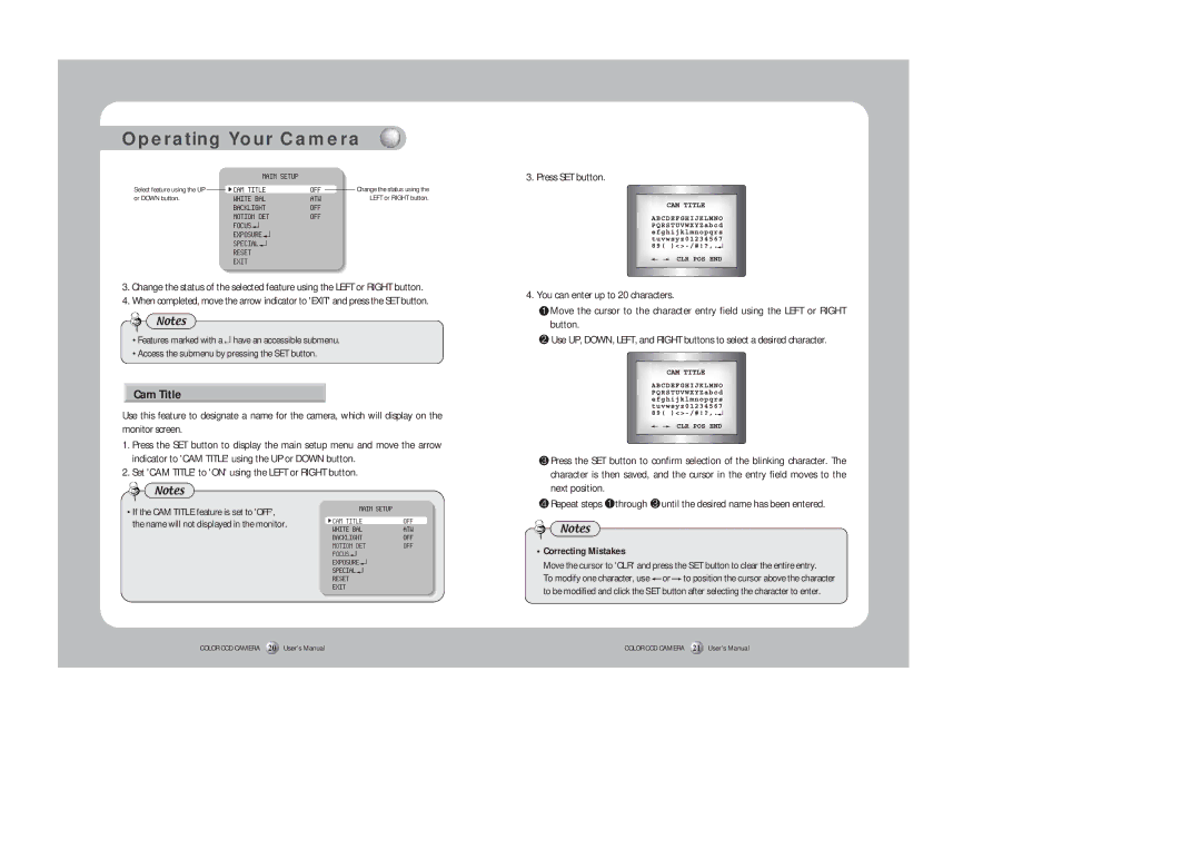 Silex technology SDZ-330 instruction manual Cam Title, Set CAM Title to on using the Left or Right button 