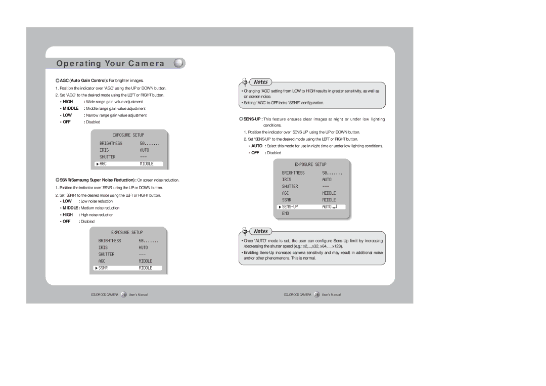 Silex technology SDZ-330 instruction manual AGC Auto Gain Control For brighter images, OFF Disabled 