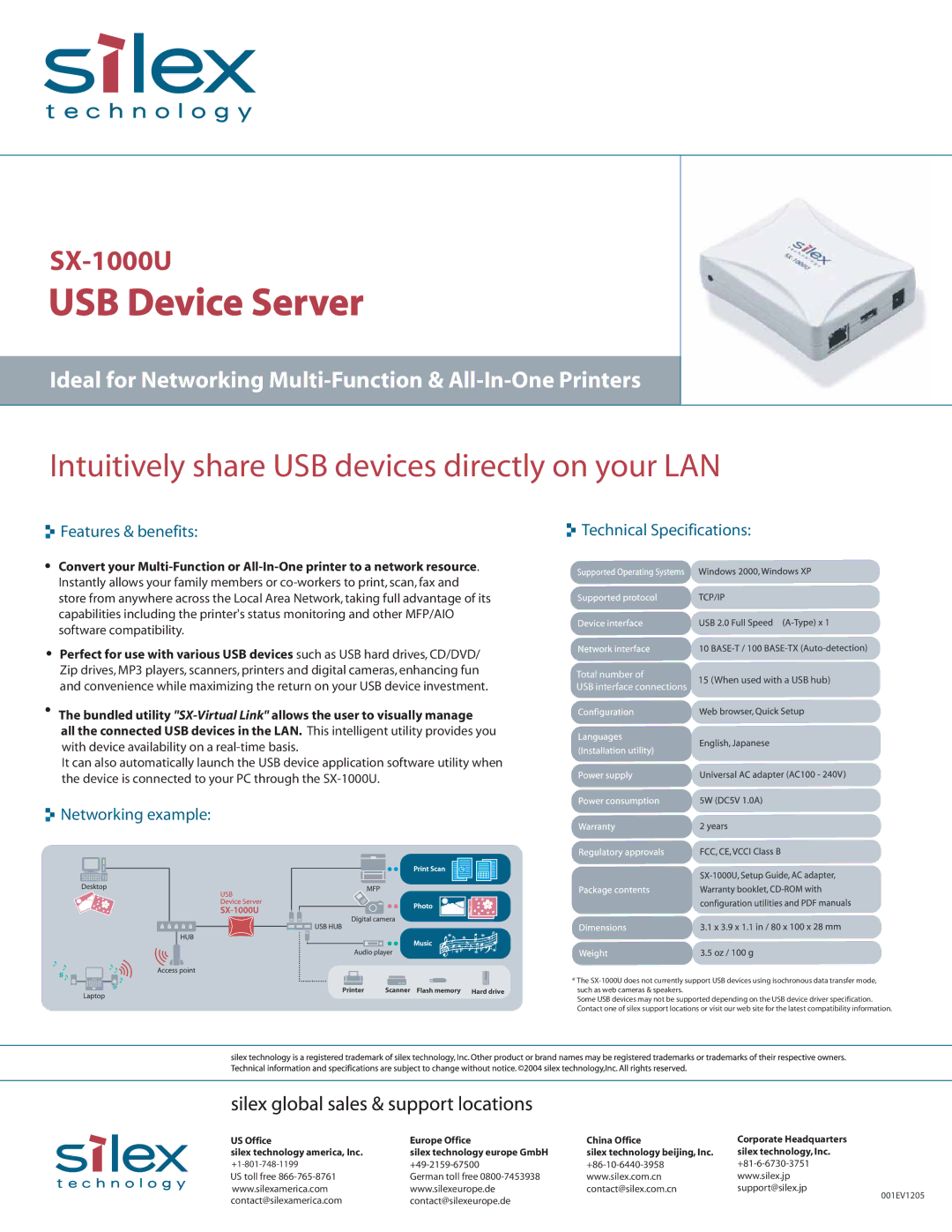 Silex technology SX-1000U technical specifications USB Device Server, Intuitively share USB devices directly on your LAN 