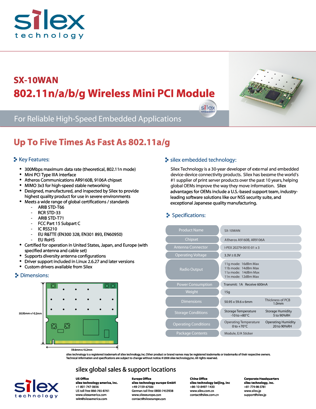 Silex technology SX-10WAN manual 802.11n/a/b/g Wireless Mini PCI Module, Up To Five Times As Fast As 802.11a/g, Dimensions 