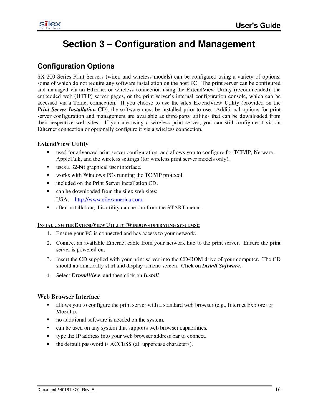 Silex technology SX-200 Configuration and Management, Configuration Options, ExtendView Utility, Web Browser Interface 