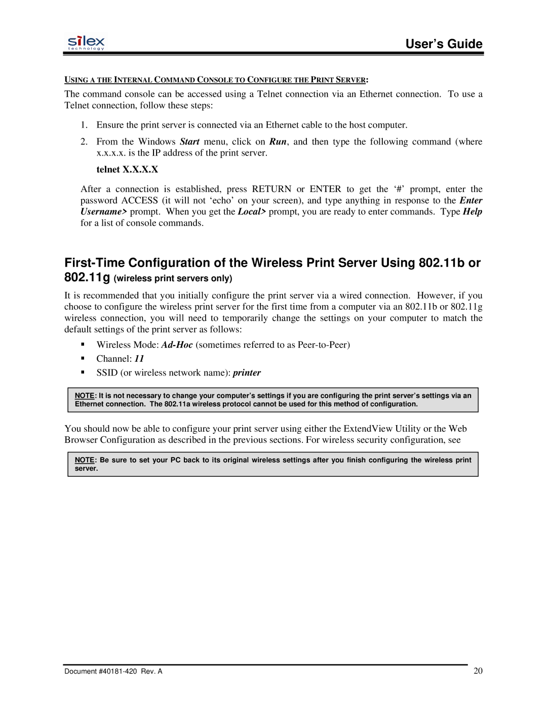 Silex technology SX-200 user manual Telnet 