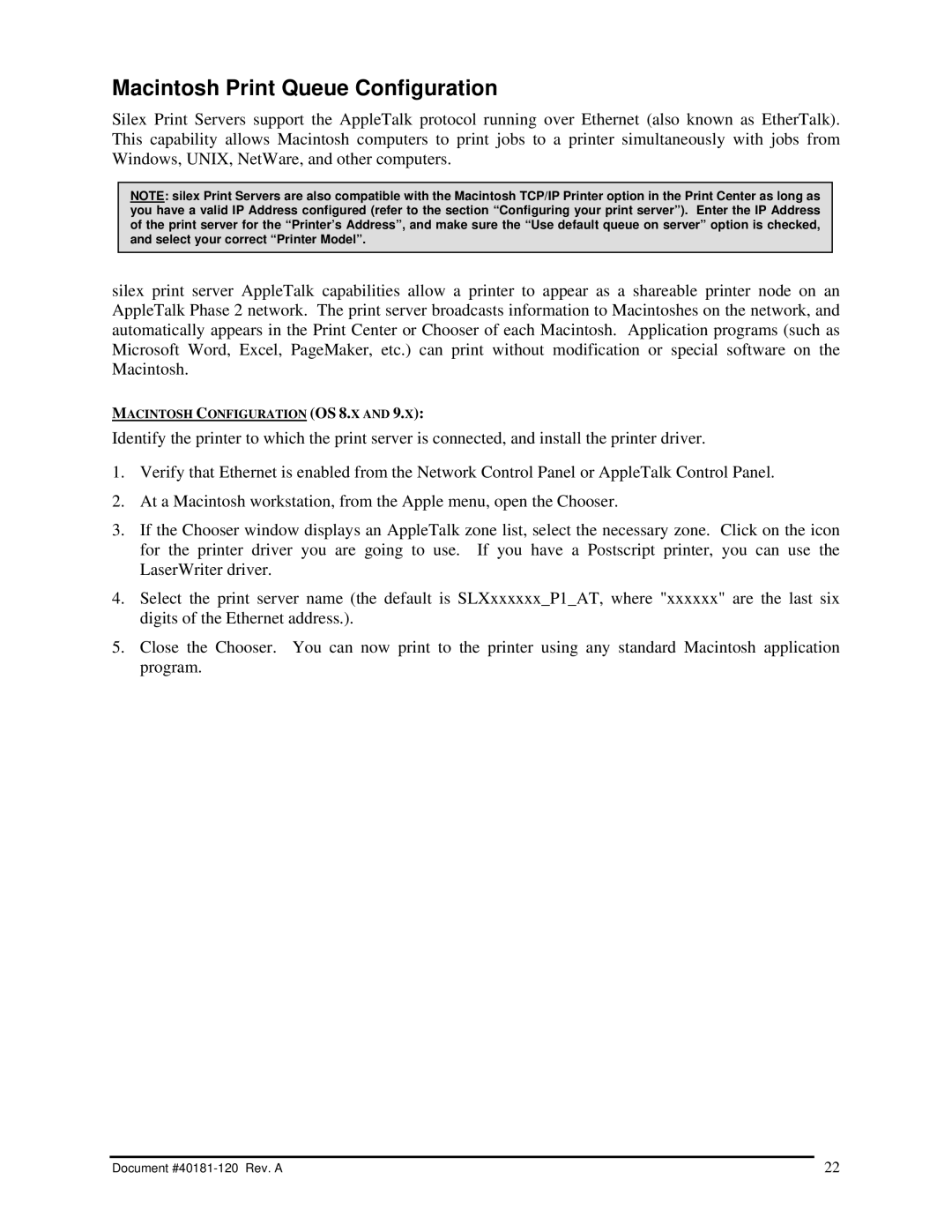 Silex technology SX-200 user manual Macintosh Print Queue Configuration 