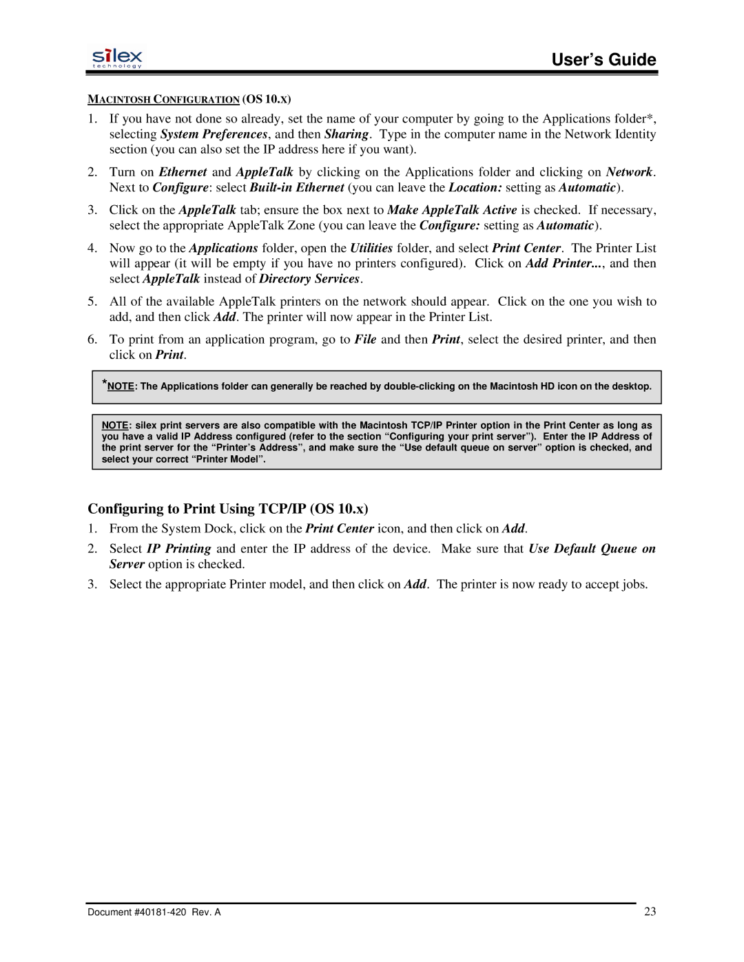 Silex technology SX-200 user manual User’s Guide, Configuring to Print Using TCP/IP OS 