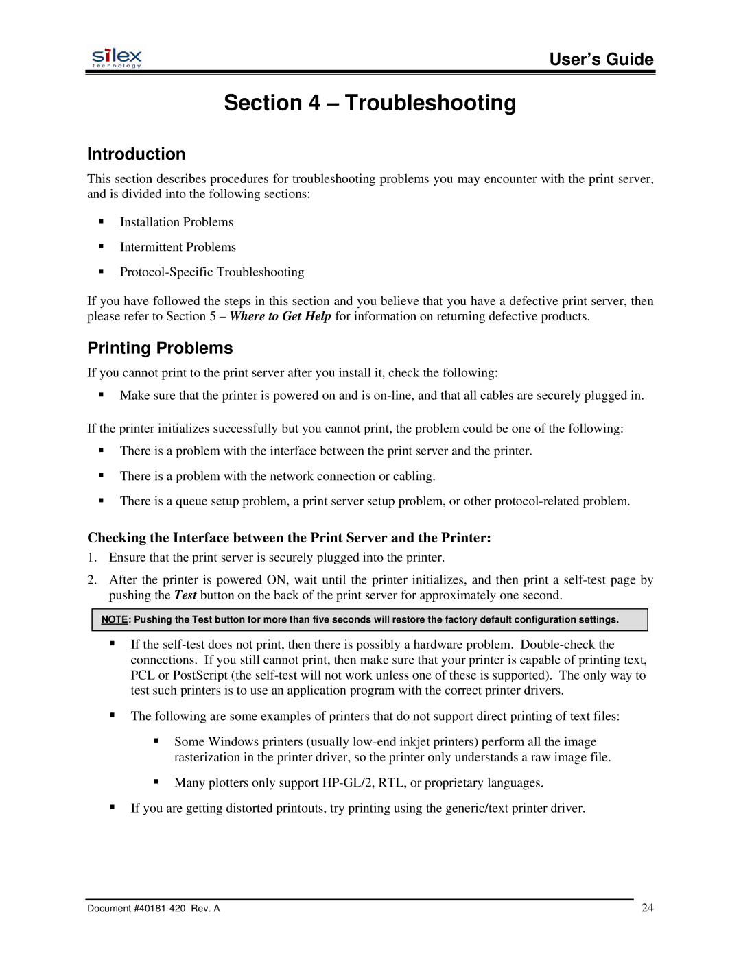 Silex technology SX-200 user manual Troubleshooting, Introduction, Printing Problems 