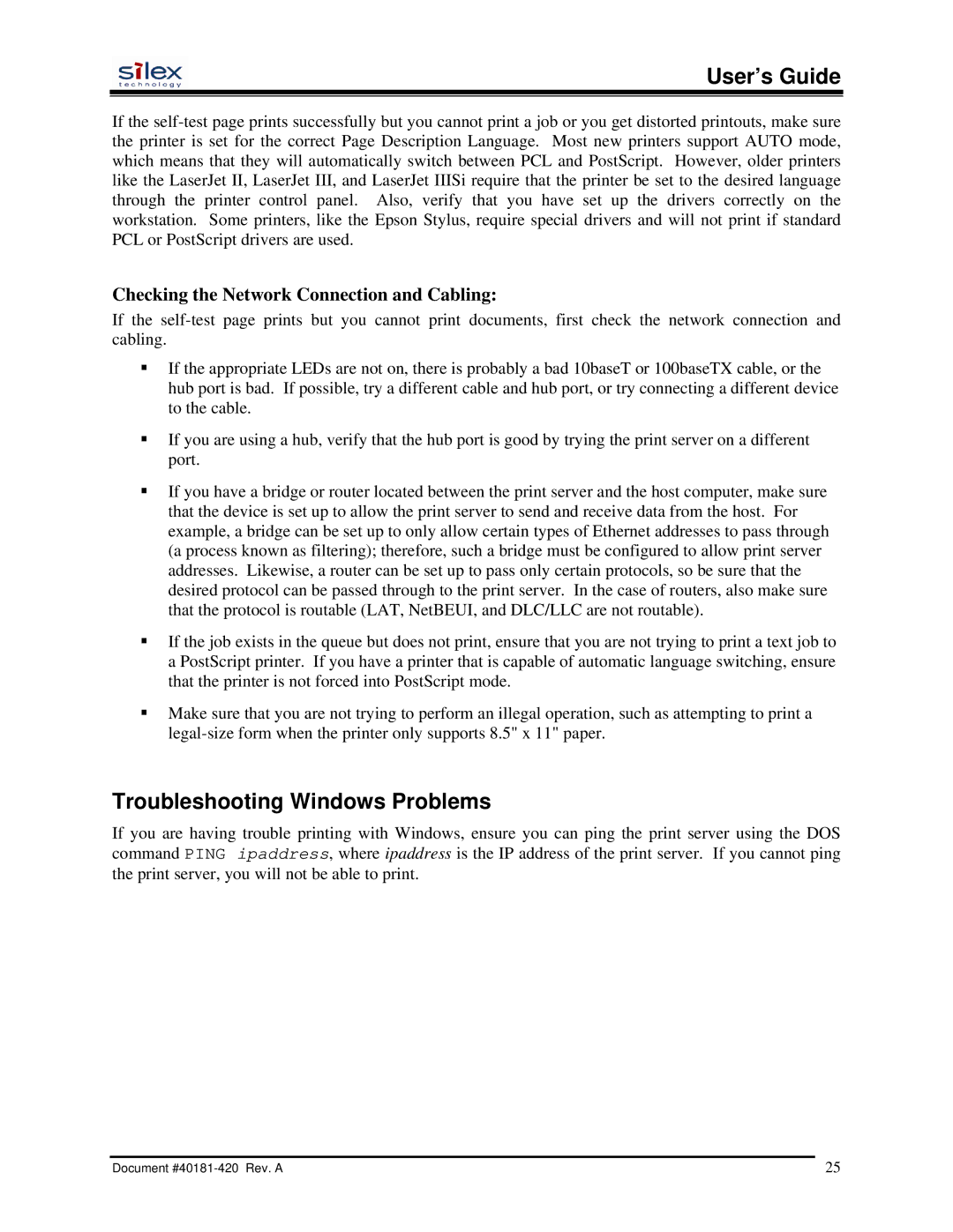 Silex technology SX-200 user manual Troubleshooting Windows Problems, Checking the Network Connection and Cabling 