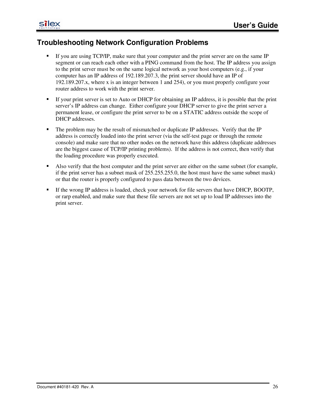 Silex technology SX-200 user manual User’s Guide Troubleshooting Network Configuration Problems 