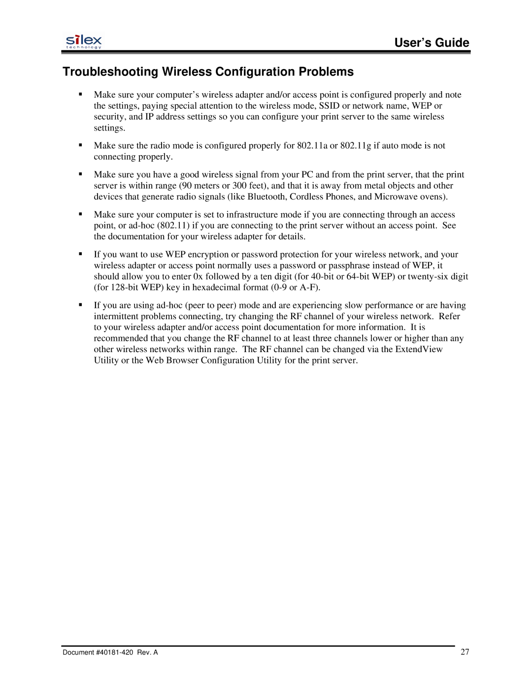 Silex technology SX-200 user manual User’s Guide Troubleshooting Wireless Configuration Problems 