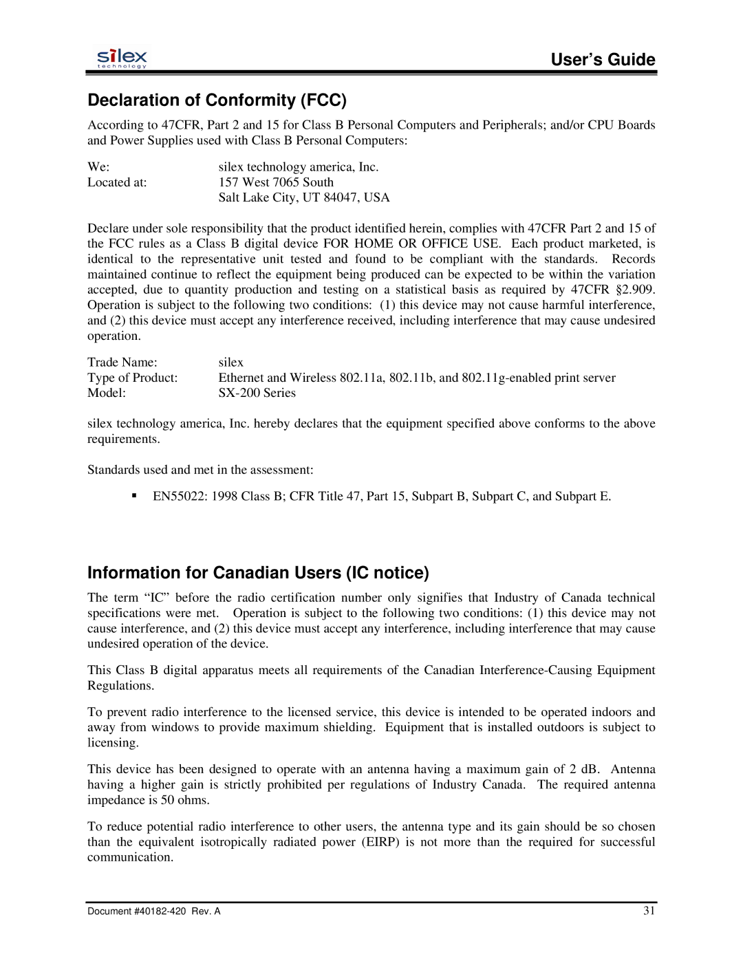 Silex technology SX-200 user manual User’s Guide Declaration of Conformity FCC, Information for Canadian Users IC notice 