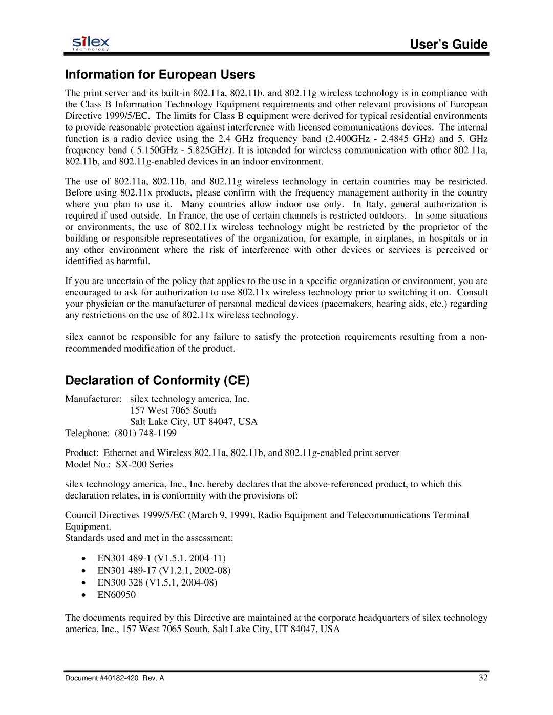 Silex technology SX-200 user manual User’s Guide Information for European Users, Declaration of Conformity CE 