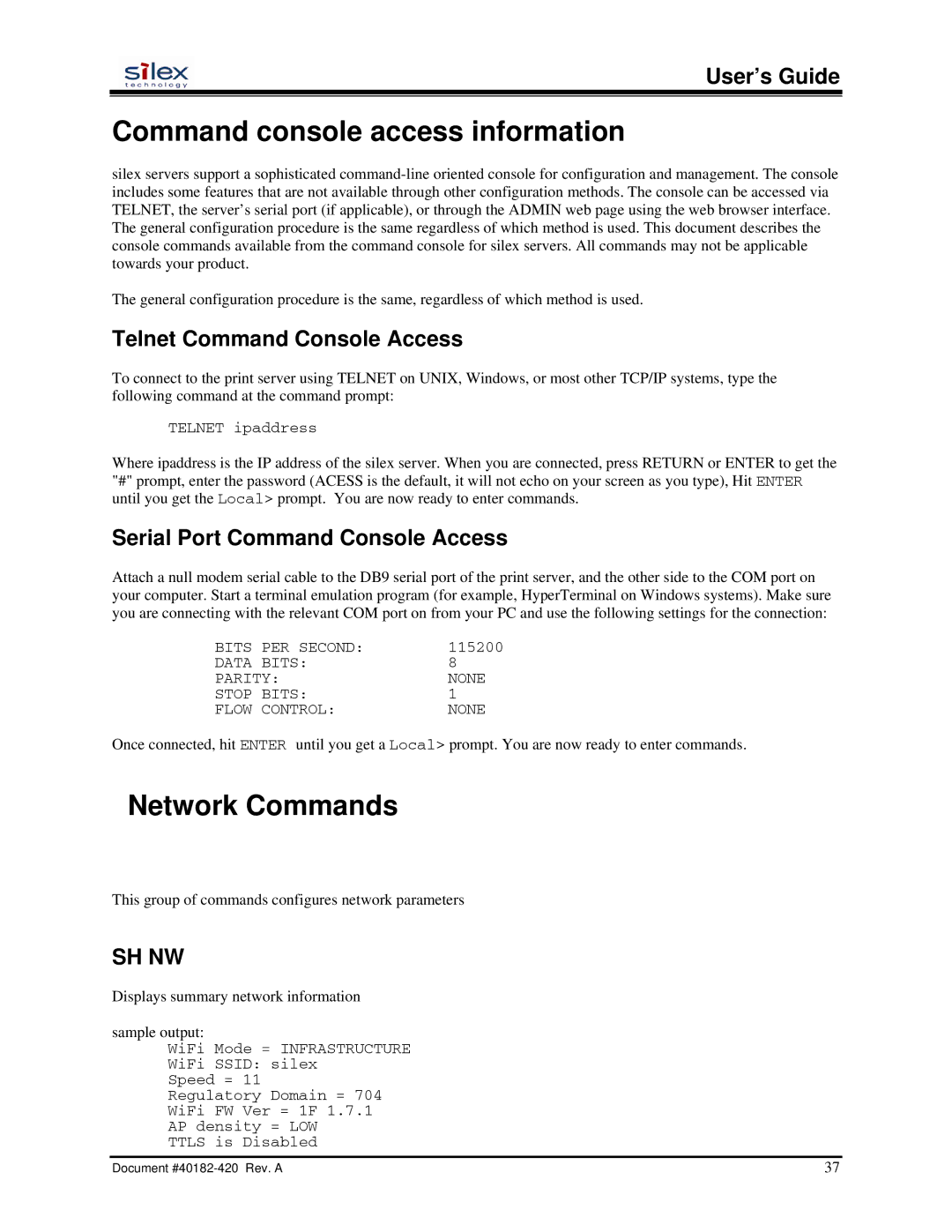 Silex technology SX-200 Command console access information, Network Commands, Telnet Command Console Access, Sh Nw 