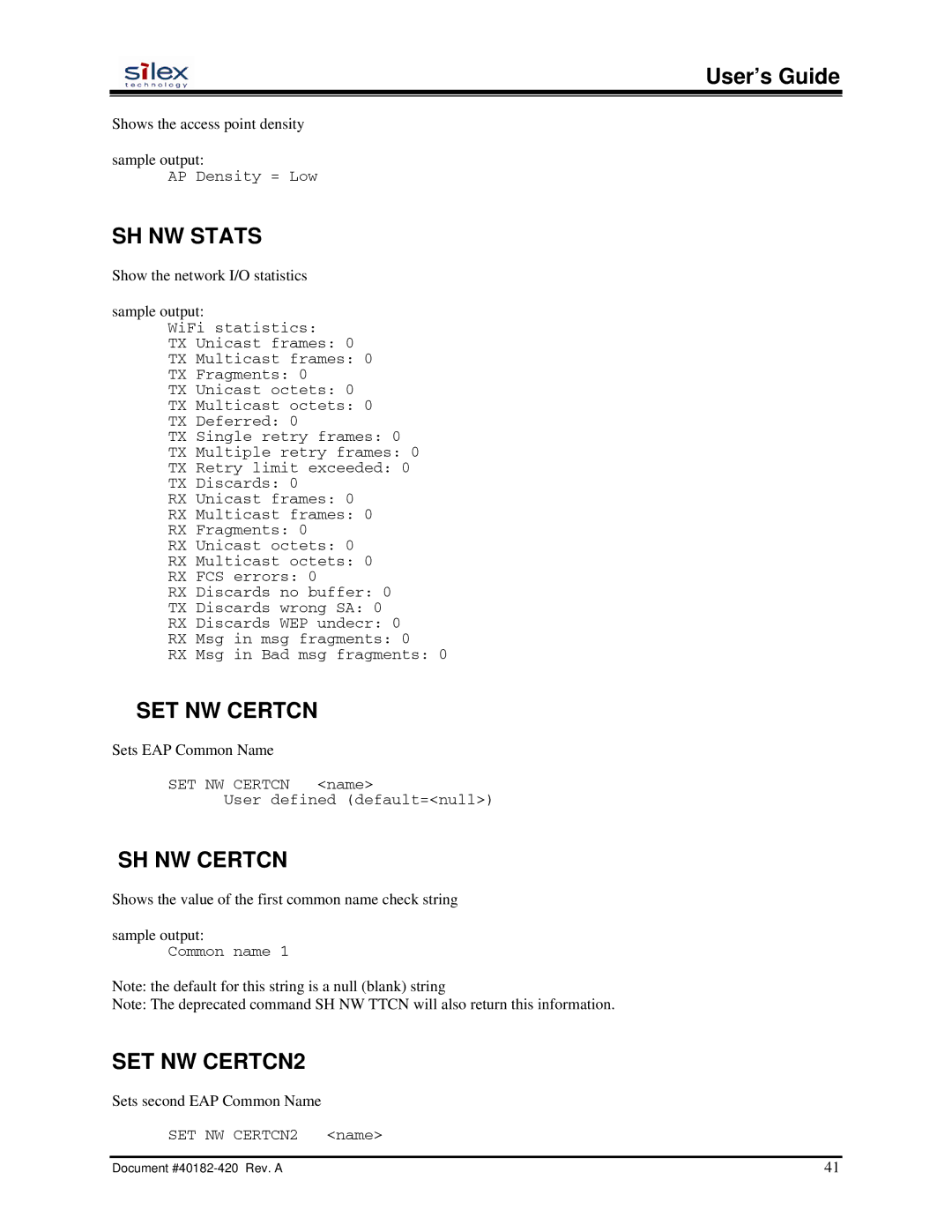 Silex technology SX-200 user manual SH NW Stats, SET NW Certcn, SH NW Certcn, SET NW CERTCN2 