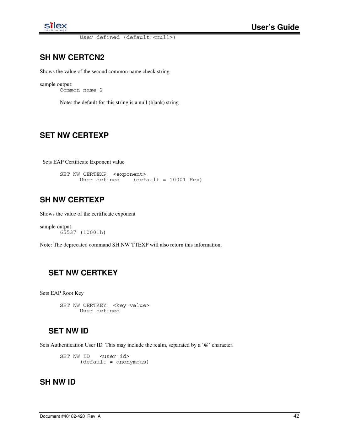 Silex technology SX-200 user manual SH NW CERTCN2, SET NW Certexp, SH NW Certexp, SET NW Certkey, Set Nw Id, Sh Nw Id 