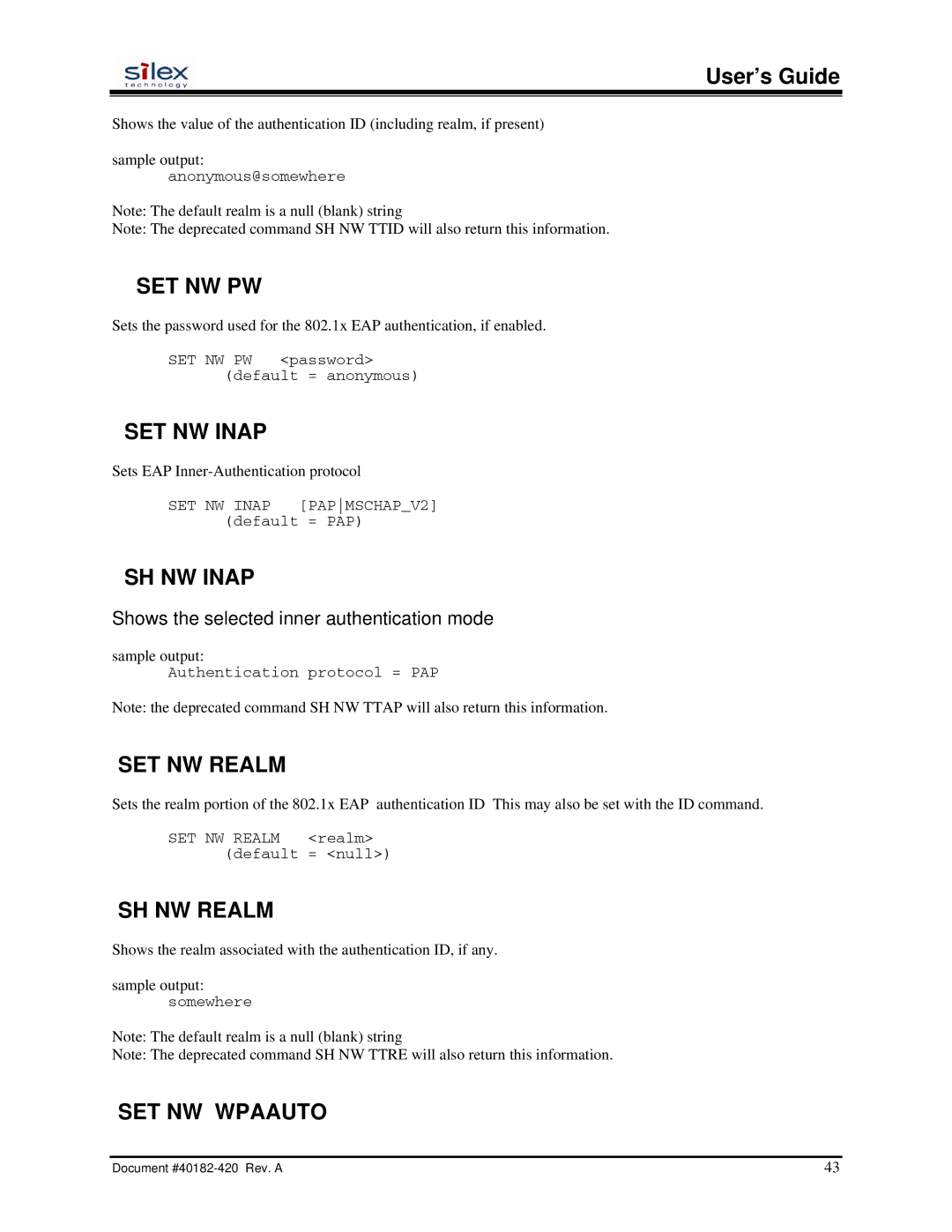 Silex technology SX-200 user manual Set Nw Pw, SET NW Inap, SH NW Inap, SET NW Realm, SH NW Realm, SET NW Wpaauto 