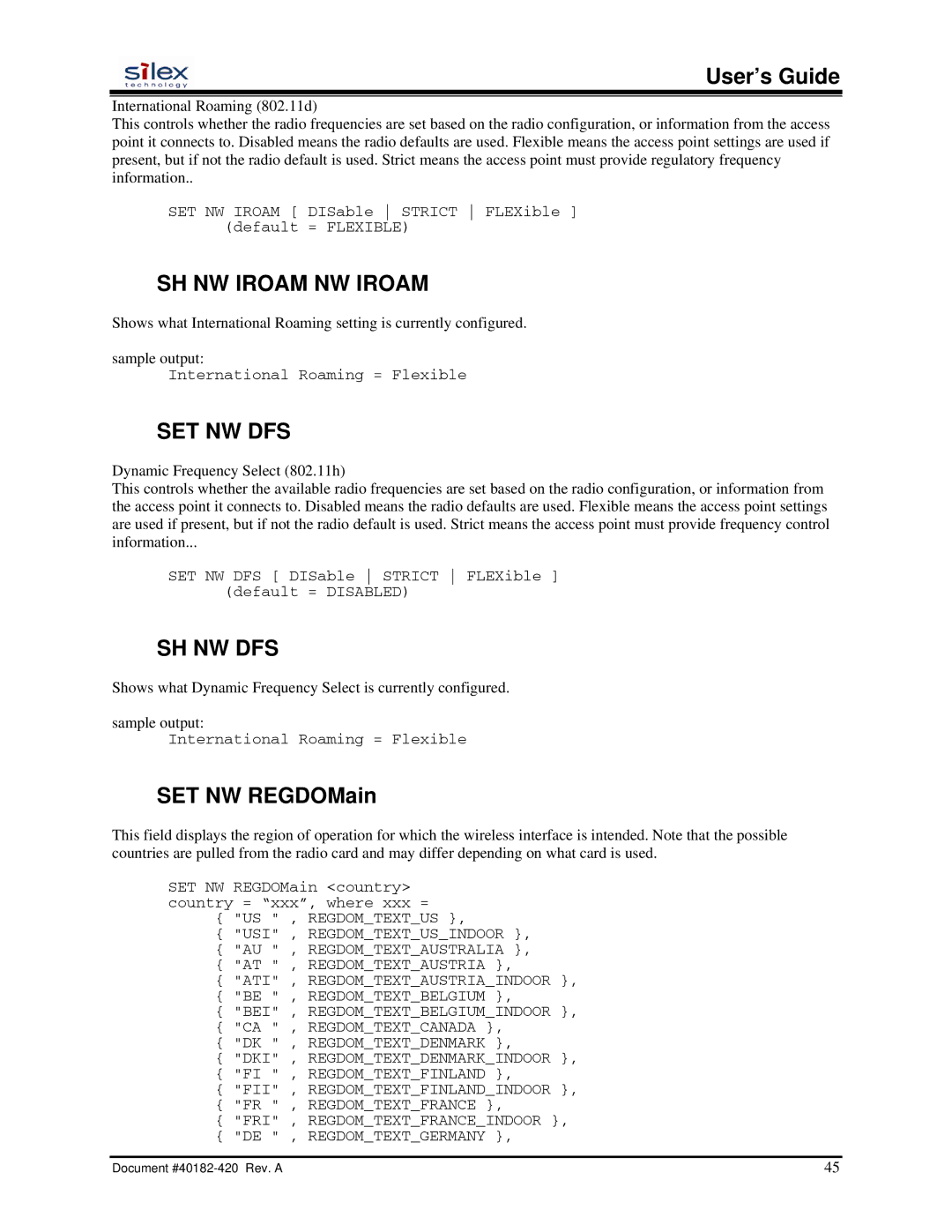 Silex technology SX-200 user manual SH NW Iroam NW Iroam, Set Nw Dfs, Sh Nw Dfs, SET NW REGDOMain 