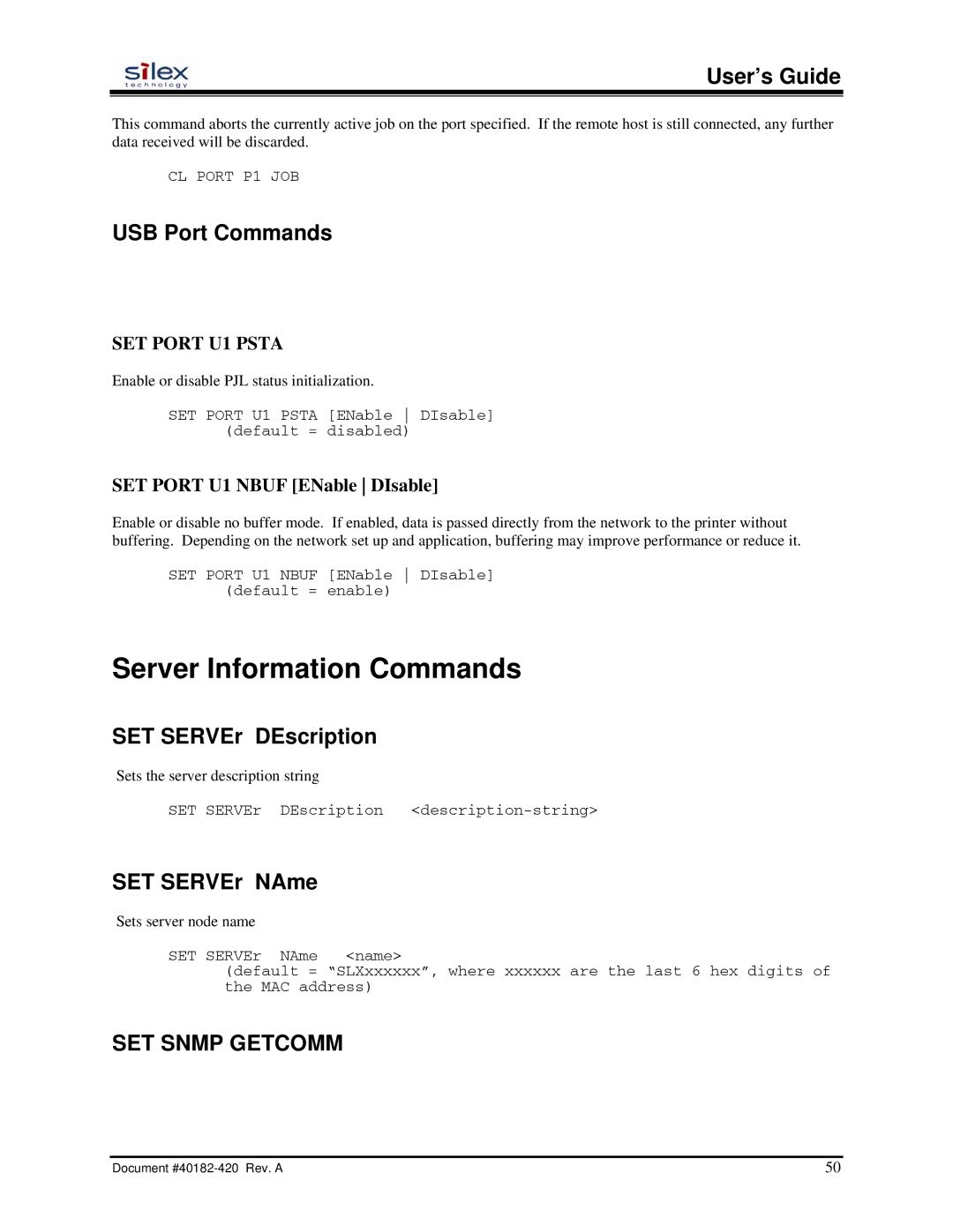 Silex technology SX-200 user manual Server Information Commands, USB Port Commands, SET SERVEr DEscription, SET SERVEr NAme 