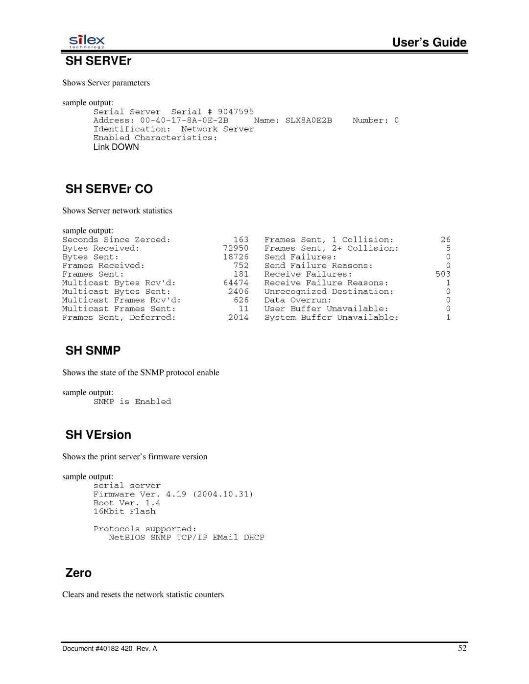 Silex technology SX-200 user manual SH SERVEr CO, SH Snmp, SH VErsion, Zero 