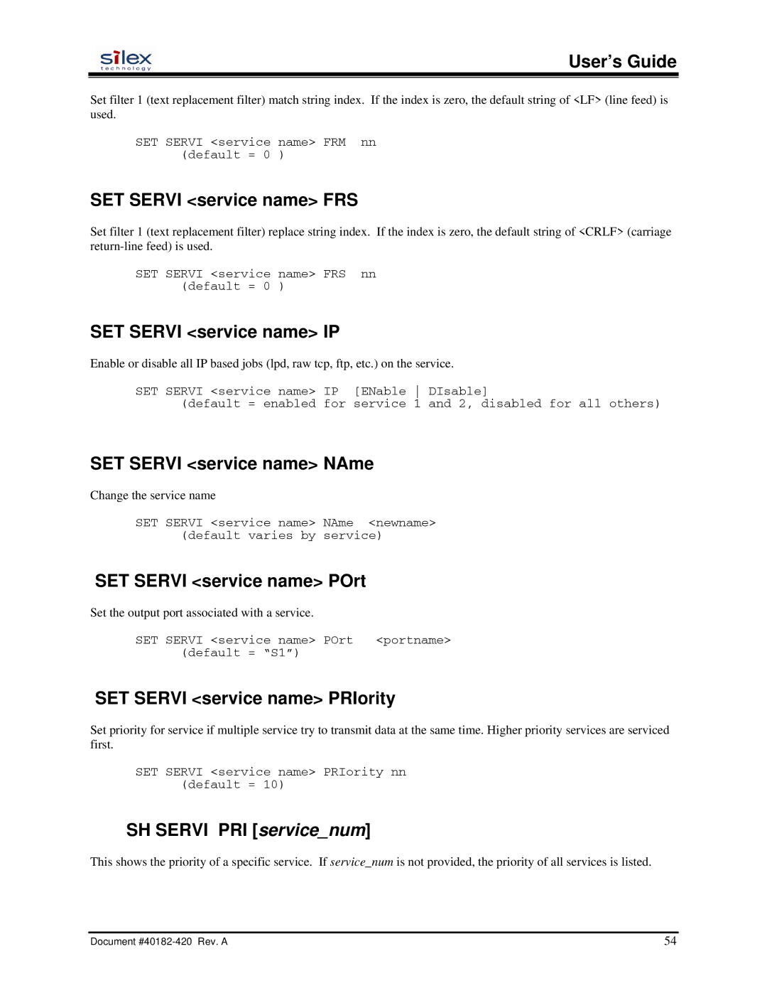 Silex technology SX-200 user manual SET Servi service name FRS, SET Servi service name IP, SET Servi service name NAme 