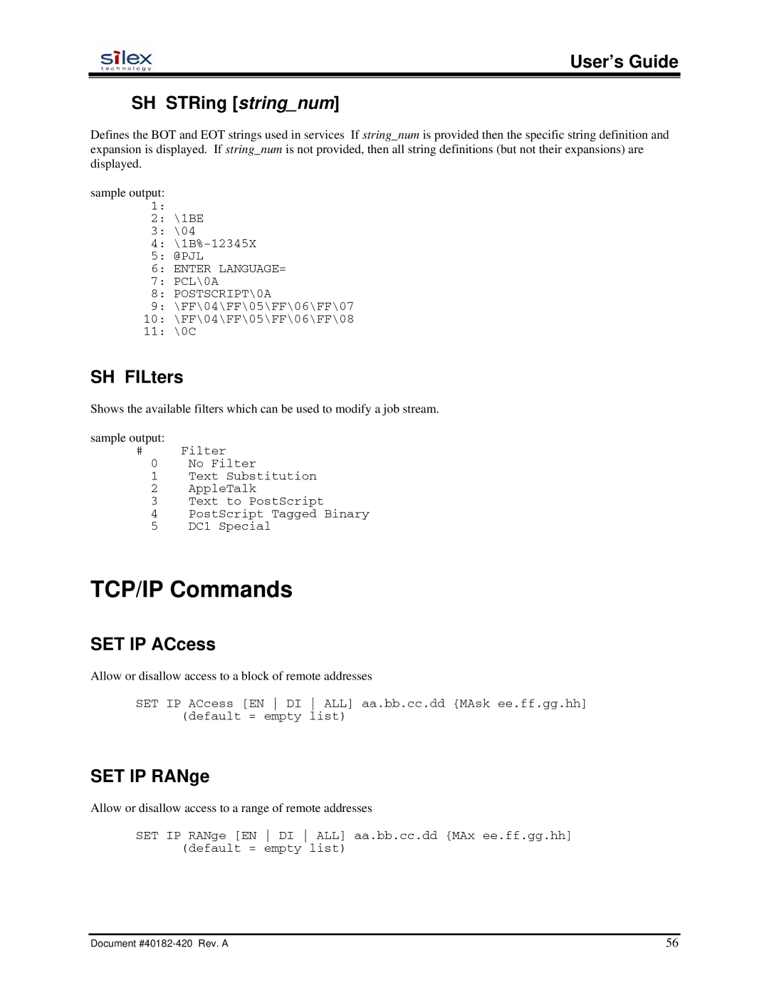 Silex technology SX-200 TCP/IP Commands, User’s Guide SH STRing stringnum, SH FILters, SET IP ACcess, SET IP RANge 