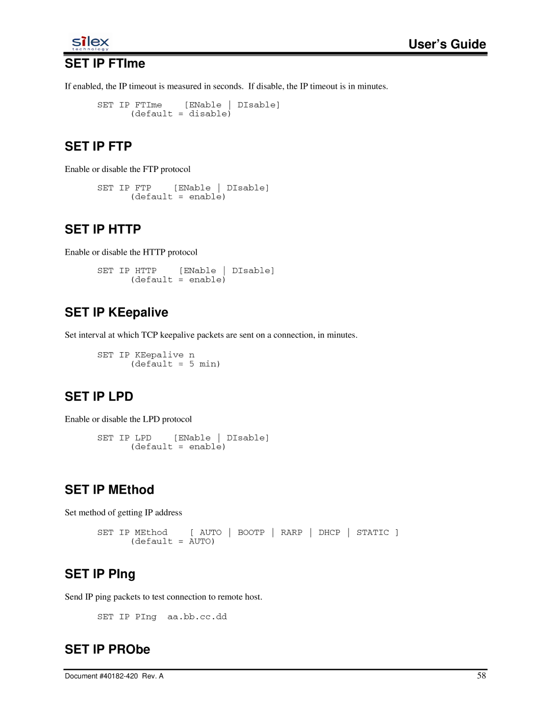 Silex technology SX-200 user manual Set Ip Ftp, SET IP Http, Set Ip Lpd 