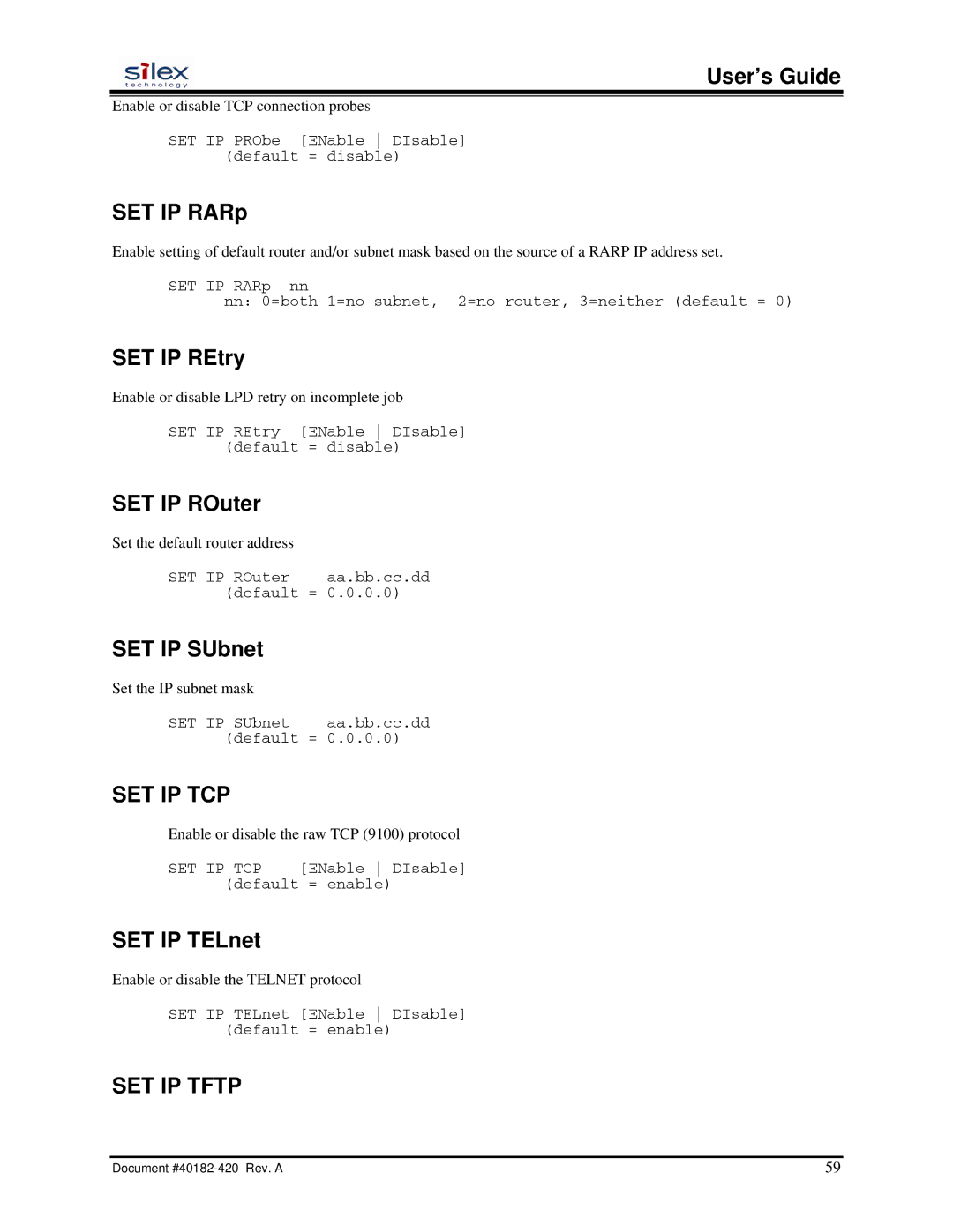 Silex technology SX-200 user manual Set Ip Tcp, SET IP Tftp 