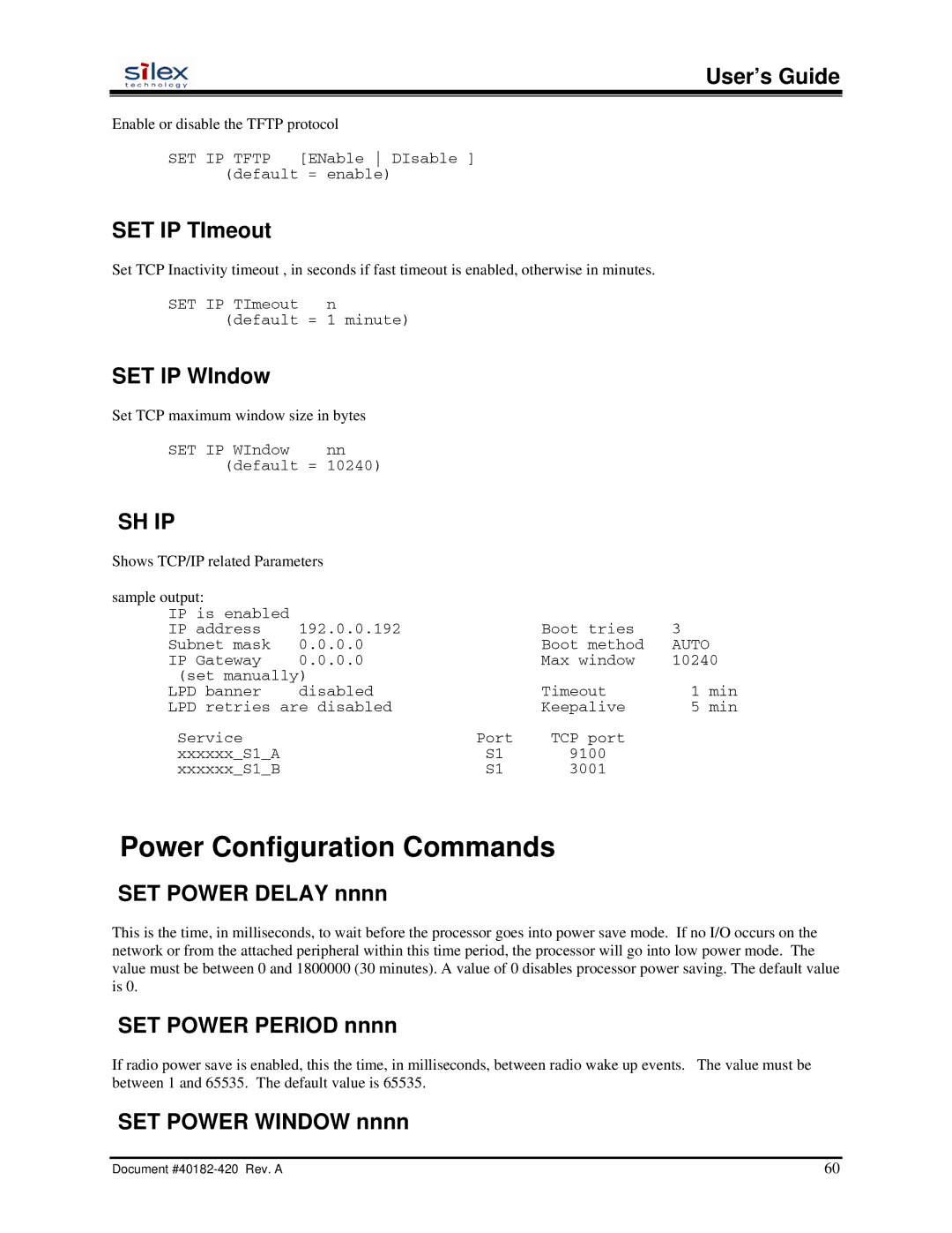 Silex technology SX-200 user manual Power Configuration Commands, Sh Ip 