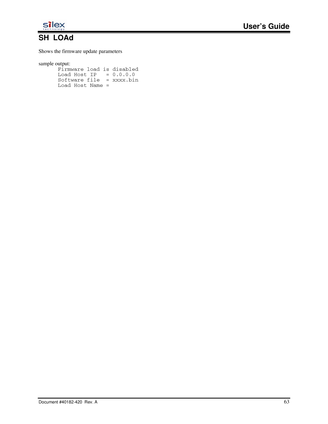 Silex technology SX-200 user manual User’s Guide SH LOAd, Shows the firmware update parameters Sample output 