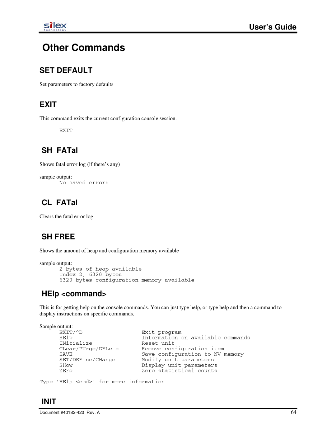 Silex technology SX-200 user manual Other Commands, SET Default, Exit, SH Free, Init 