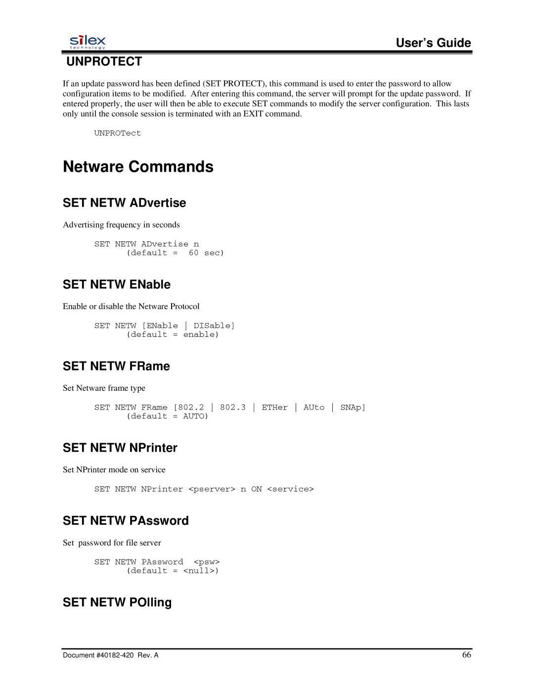 Silex technology SX-200 user manual Netware Commands, Unprotect 