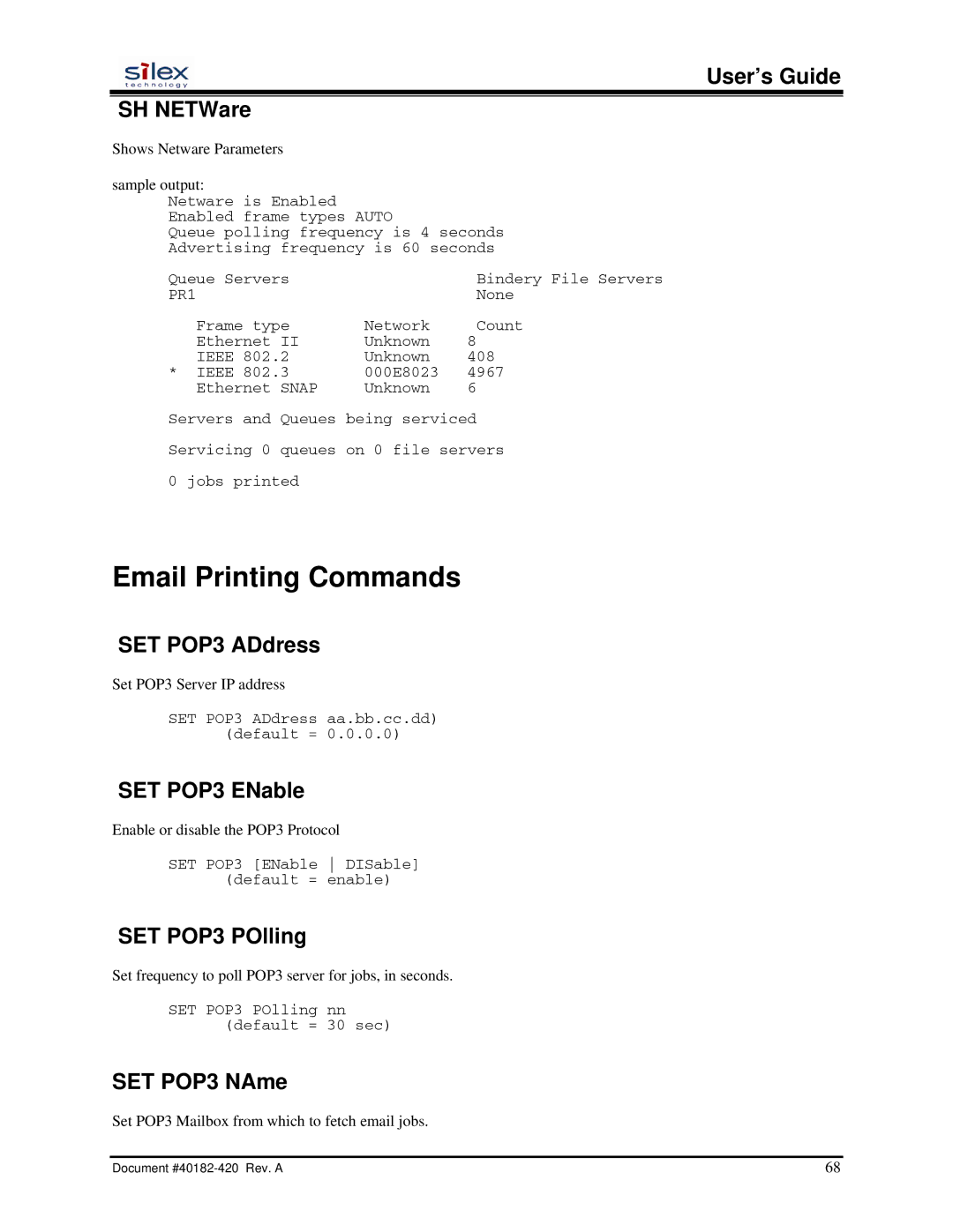 Silex technology SX-200 user manual Email Printing Commands 