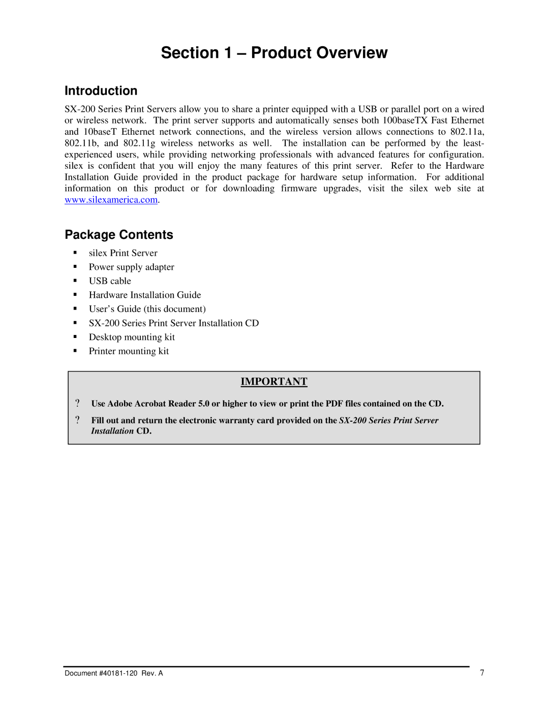 Silex technology SX-200 user manual Product Overview, Introduction Package Contents 