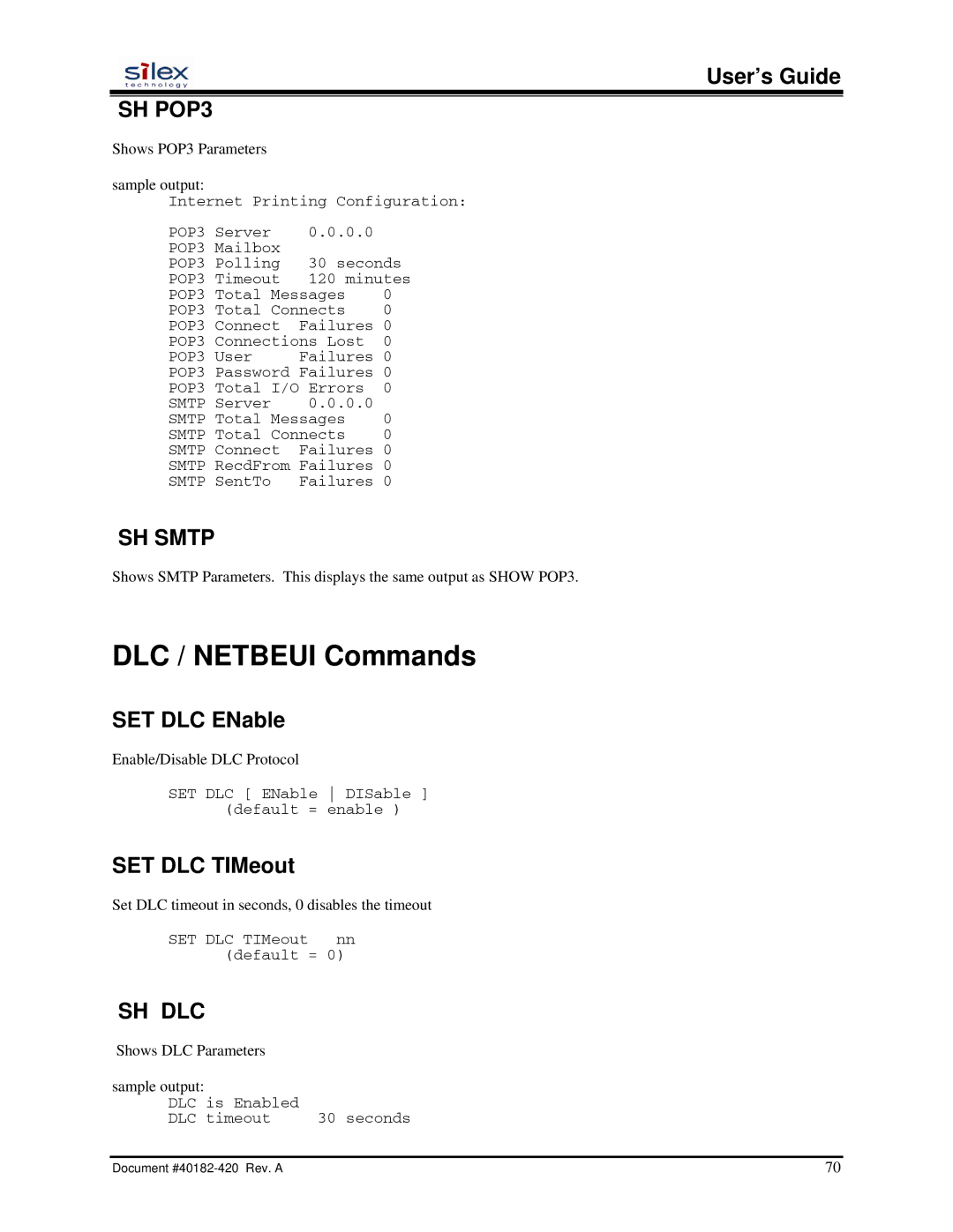 Silex technology SX-200 user manual DLC / Netbeui Commands, SH POP3, SH Smtp, Sh Dlc 