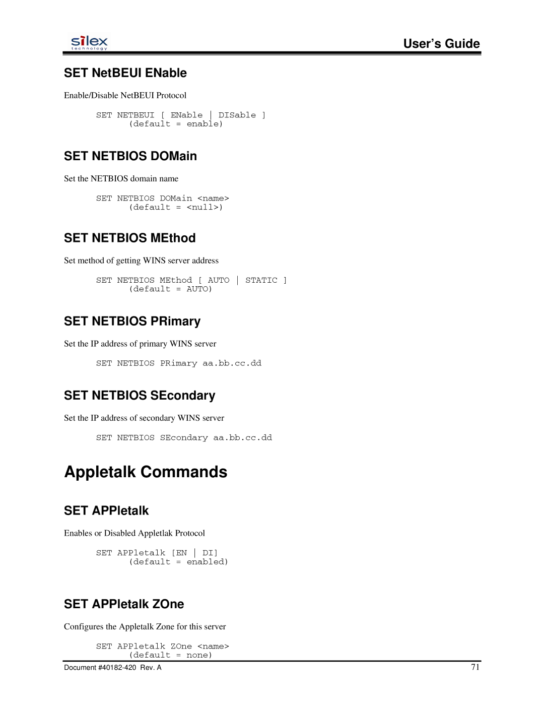 Silex technology SX-200 user manual Appletalk Commands 