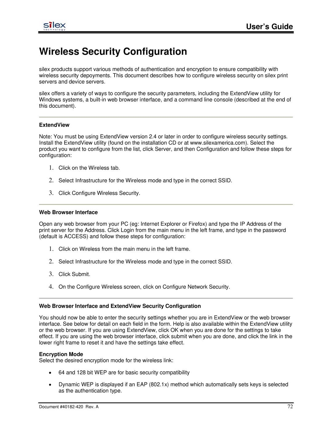 Silex technology SX-200 user manual Wireless Security Configuration, ExtendView 