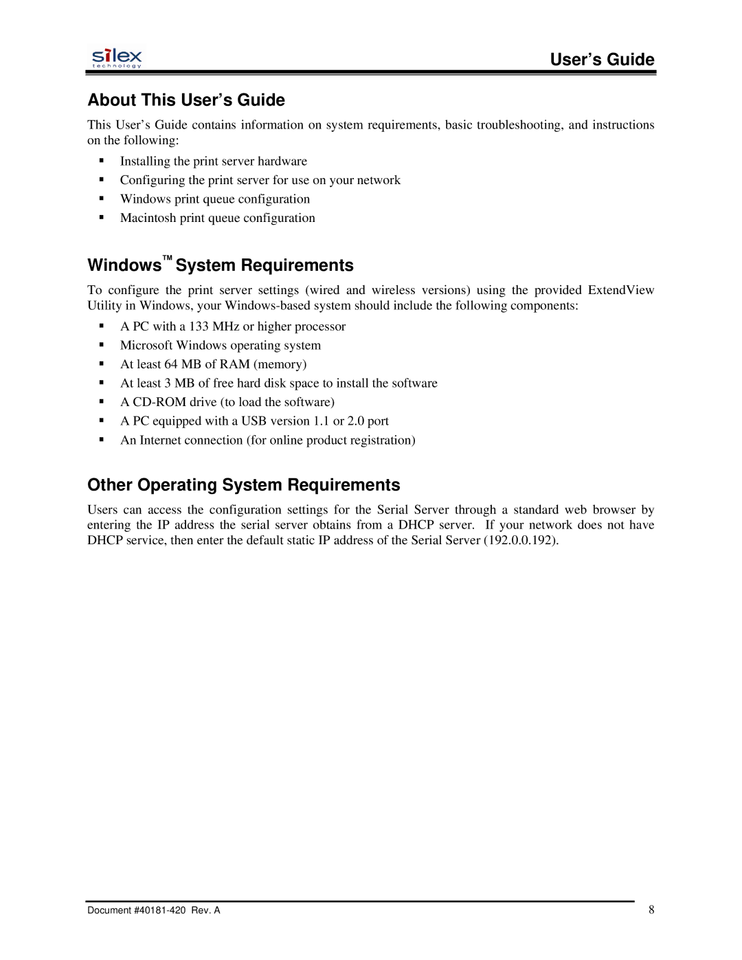 Silex technology SX-200 user manual User’s Guide About This User’s Guide, Windows System Requirements 