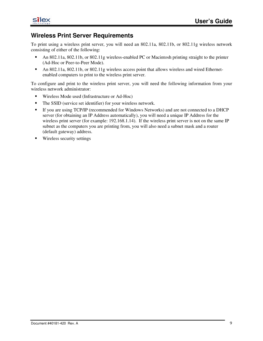 Silex technology SX-200 user manual User’s Guide Wireless Print Server Requirements 