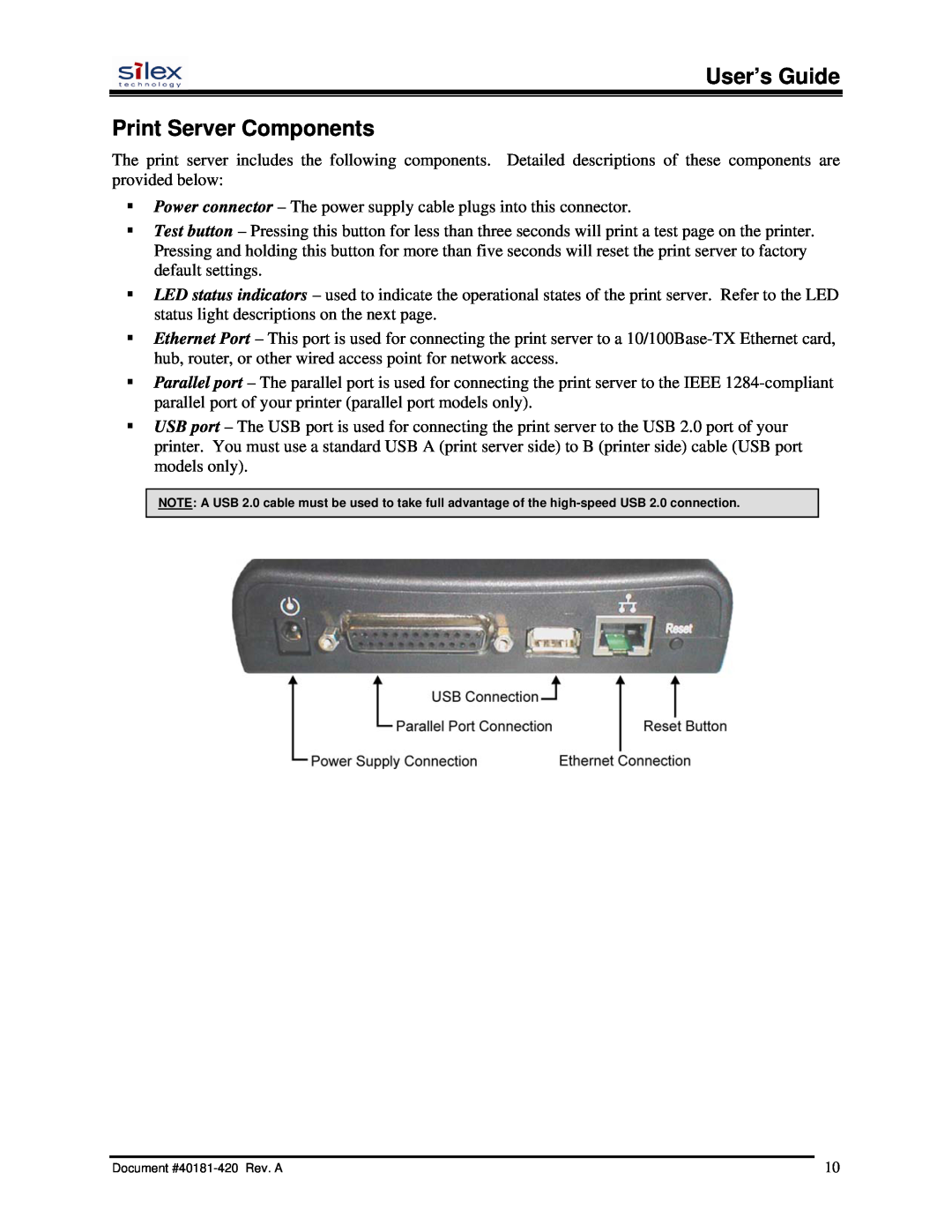 Silex technology SX-200 user manual User’s Guide Print Server Components 