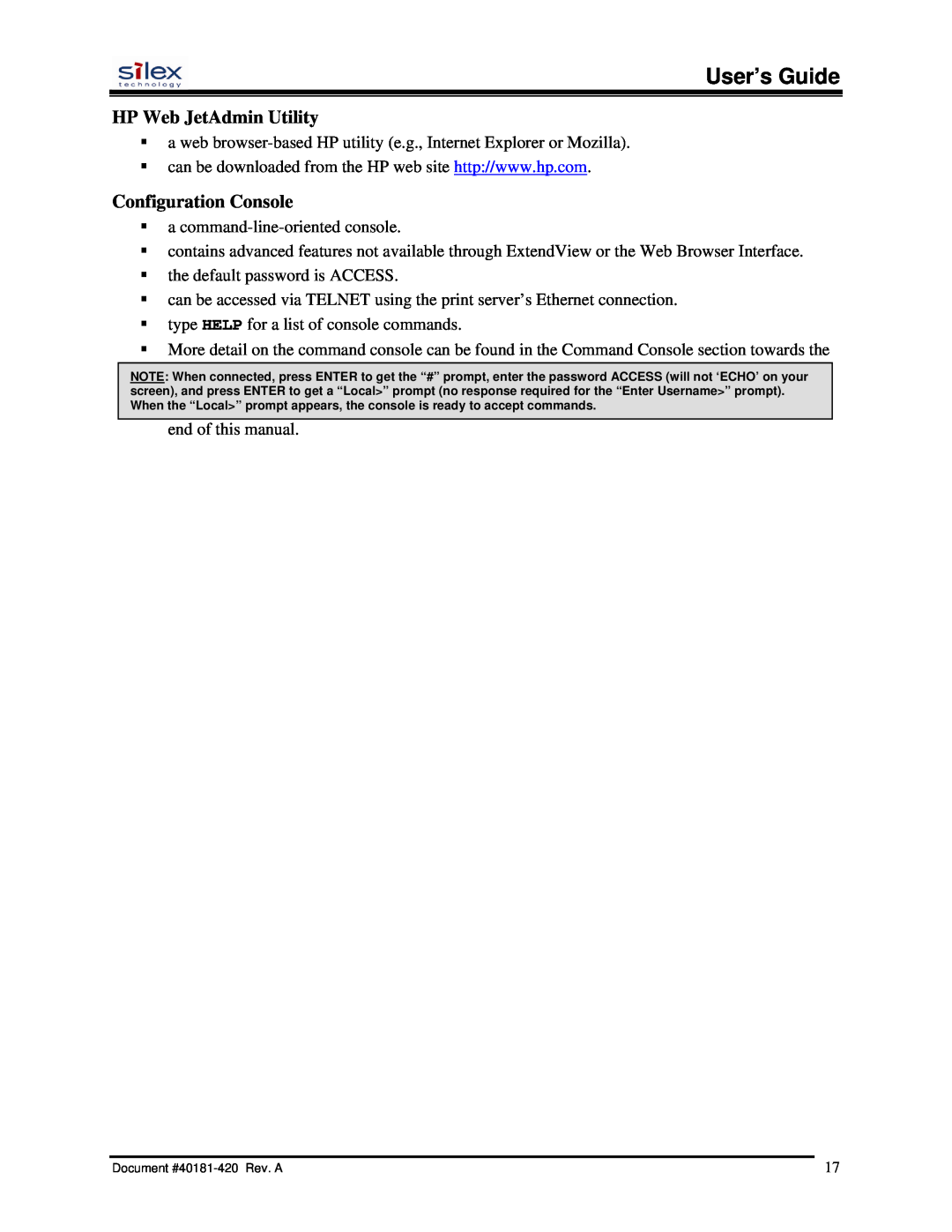 Silex technology SX-200 user manual HP Web JetAdmin Utility, Configuration Console, User’s Guide 