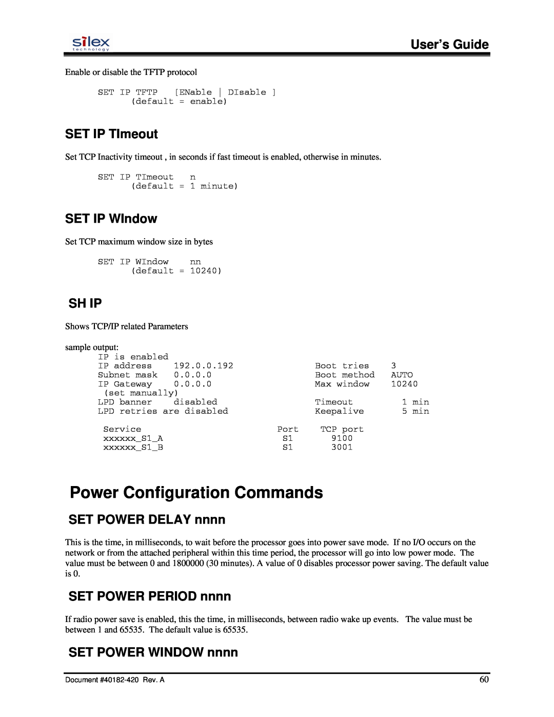 Silex technology SX-200 Power Configuration Commands, SET IP TImeout, SET IP WIndow, Sh Ip, SET POWER DELAY nnnn 