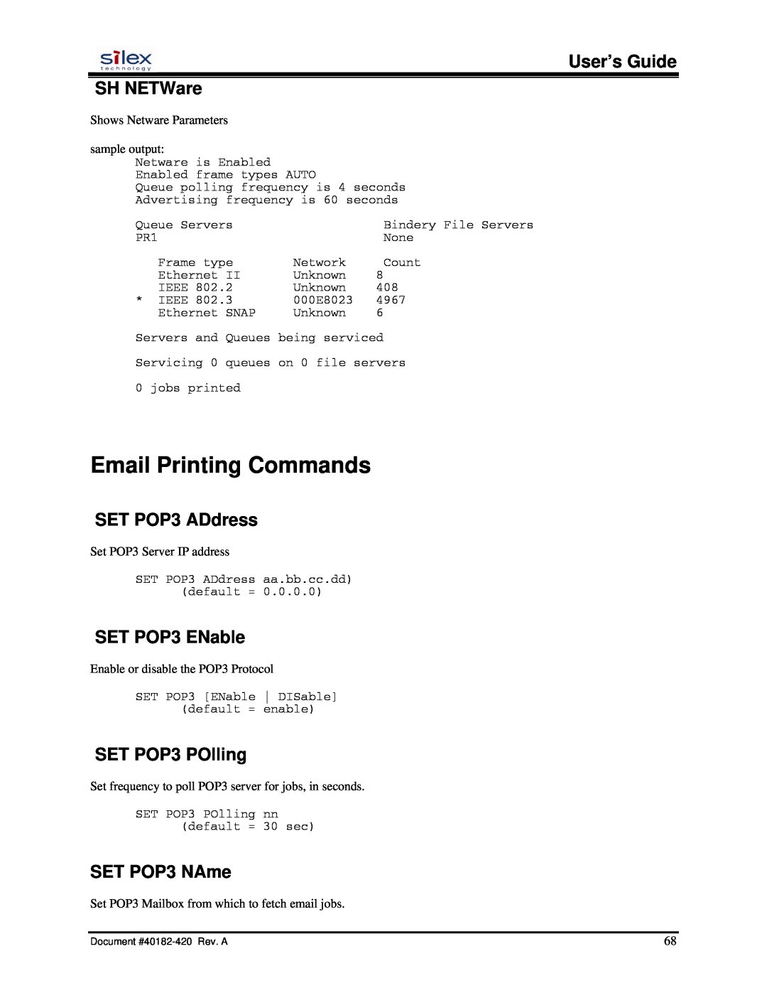 Silex technology SX-200 Email Printing Commands, User’s Guide SH NETWare, SET POP3 ADdress, SET POP3 ENable, SET POP3 NAme 