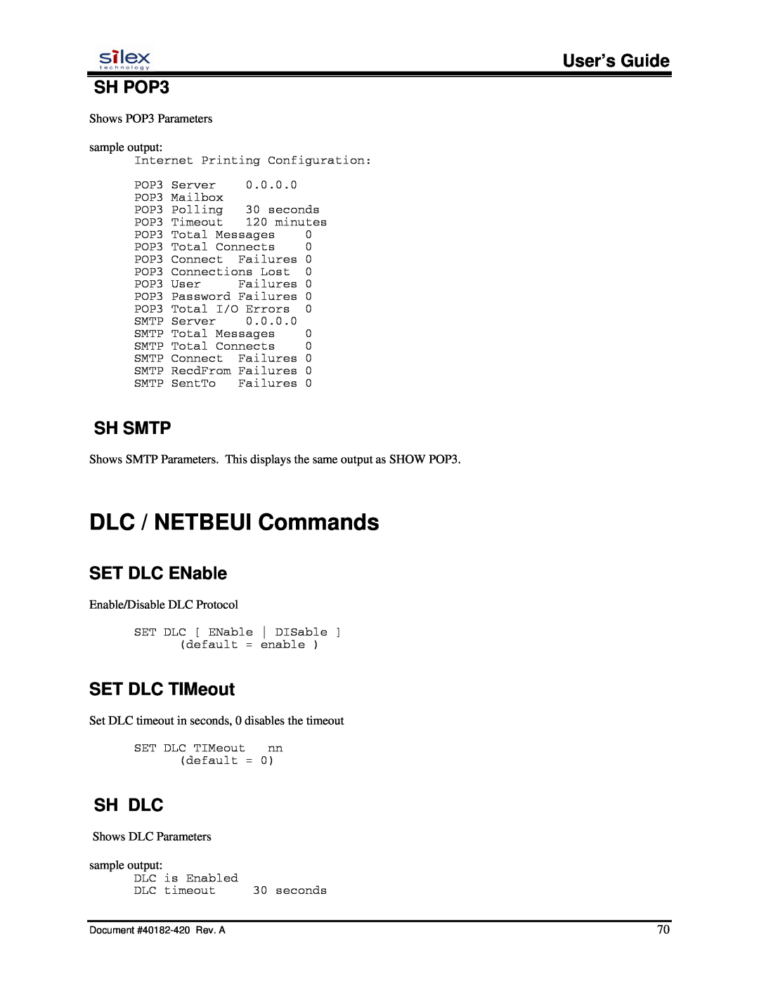 Silex technology SX-200 DLC / NETBEUI Commands, User’s Guide SH POP3, Sh Smtp, SET DLC ENable, SET DLC TIMeout, Sh Dlc 
