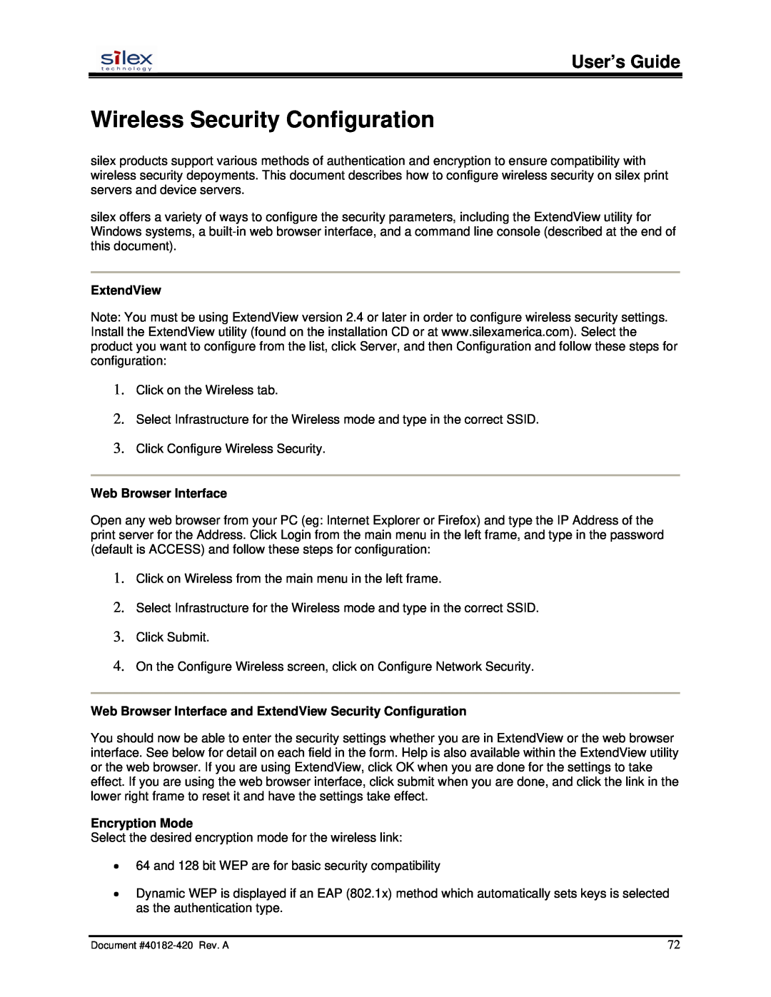 Silex technology SX-200 Wireless Security Configuration, User’s Guide, ExtendView, Web Browser Interface, Encryption Mode 