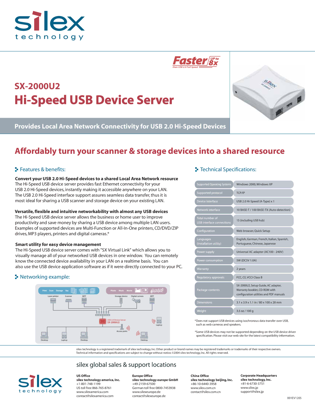 Silex technology SX-2000U2 technical specifications Hi-Speed USB Device Server, Features & benefits, Networking example 