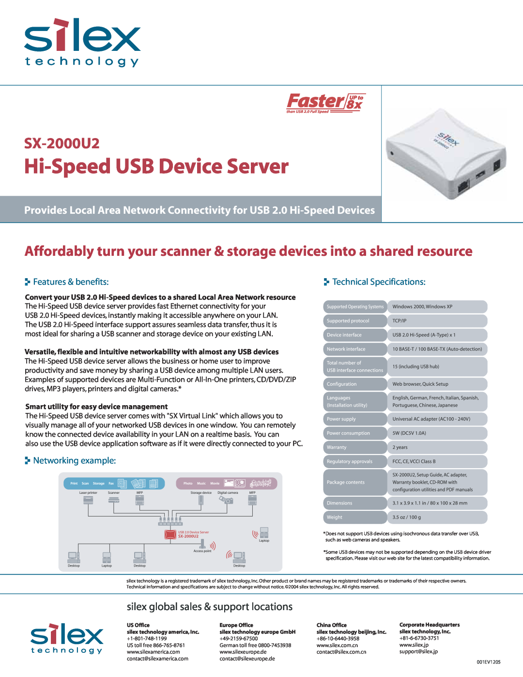 Silex technology SX-2000U2 technical specifications Hi-Speed USB Device Server, Features & benefits, Networking example 