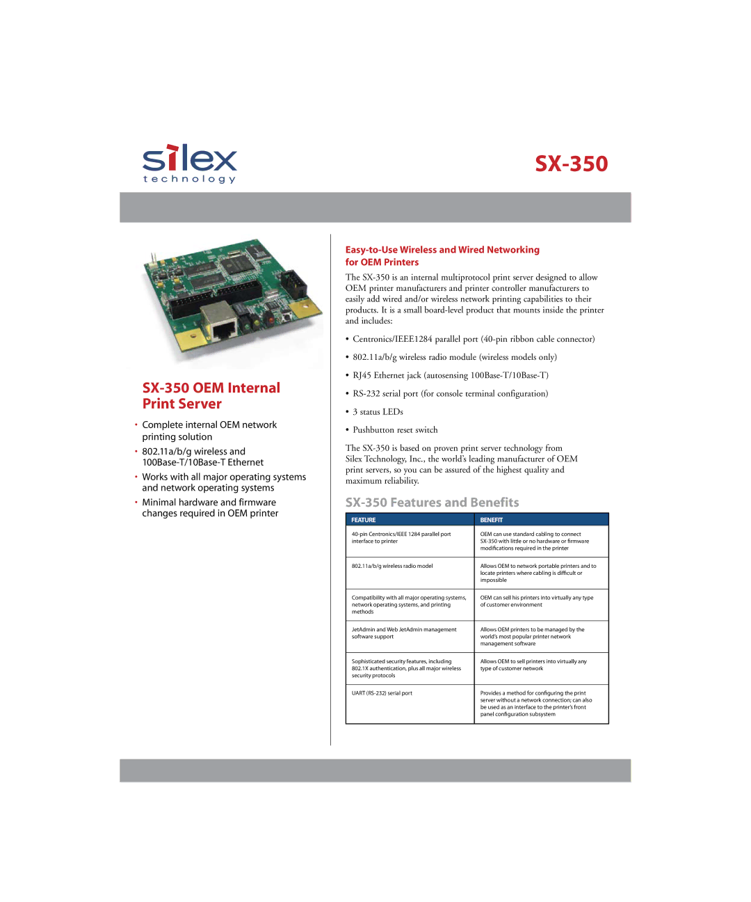 Silex technology manual SX-350 Features and Benefits, Feature Benefit 