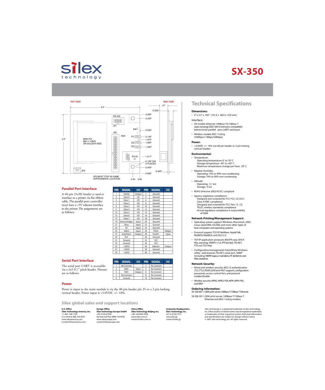 Silex technology SX-350 manual Technical Specifications, Parallel Port Interface, Serial Port Interface, Power, PIN Signal 